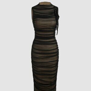 Cider Mesh Ruched High Neck Midi Dress